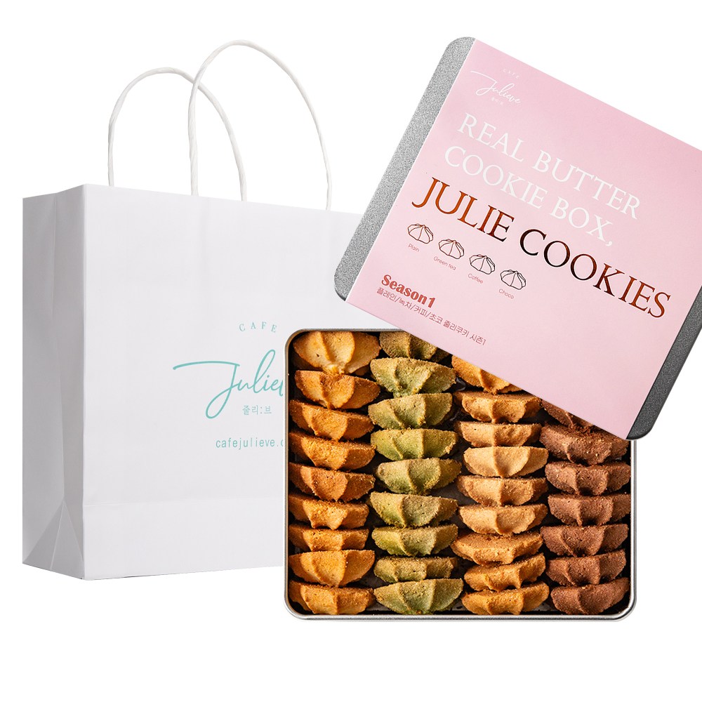 줄리쿠키 시즌1 + 선물용 쇼핑백-백화점 고급 버터 수제 쿠키 답례품 기념일 어린이날 어버이날 스승의날 학교 선생님 회사 선물 세트 단체 간식, 1박스, 280g 28,500원