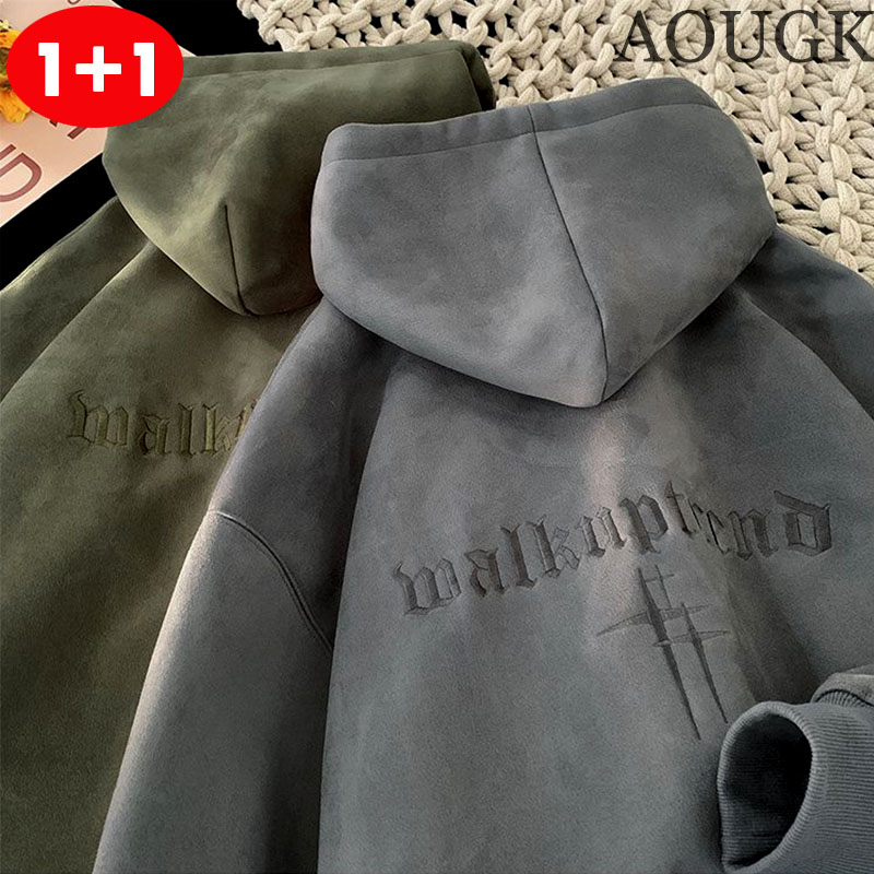 AOUGK 1+1 남성 두꺼운 후드 맨투맨 빅사이즈 롱 후드티 오버핏 긴팔 티셔츠 코트 데일리 29,500원