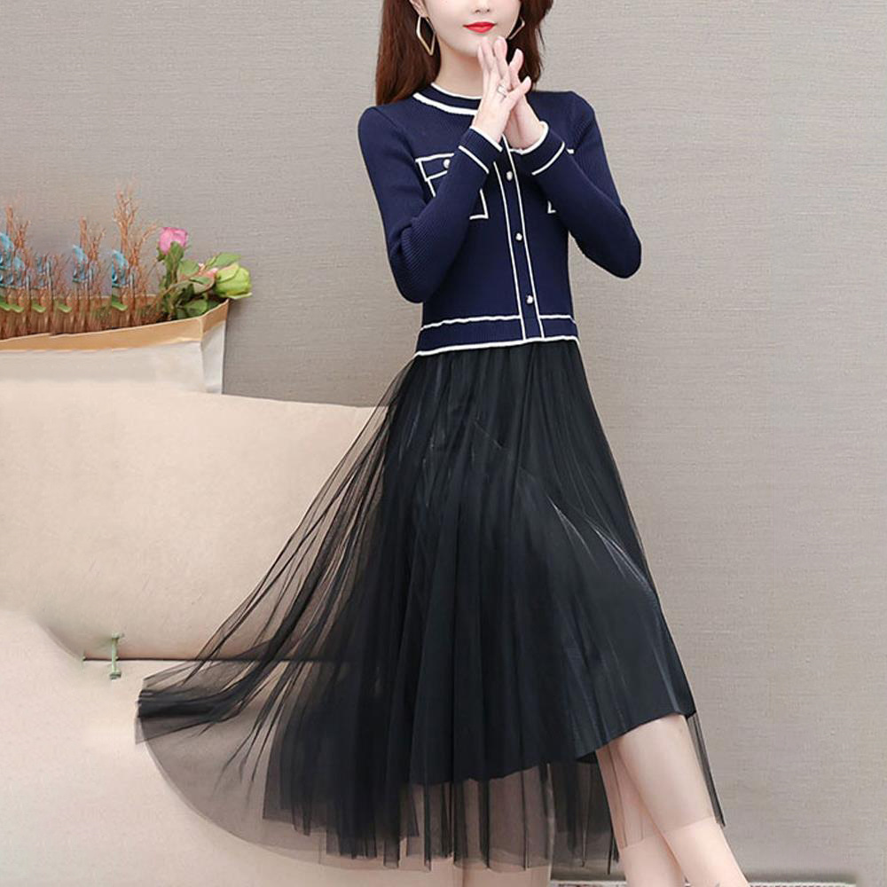 Vezri 여성 봄 가을 니트 블라우스와 메쉬 스커트 세트 플레어 드레스 레이어드 패션 우아한 스타일 22,340원