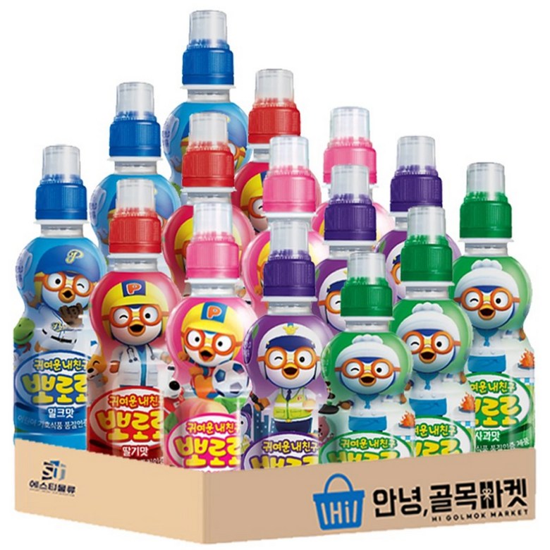 뽀로로 음료수 밀크맛3개 딸기맛3개 블루베리맛3개 사과맛3개 복숭아3개 5종 총15개, 1세트 17,500원