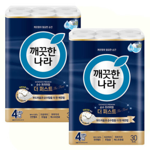 깨끗한나라 4겹 순수 프리미엄 더퍼스트 25m 30롤x2팩 화장지 60,360원