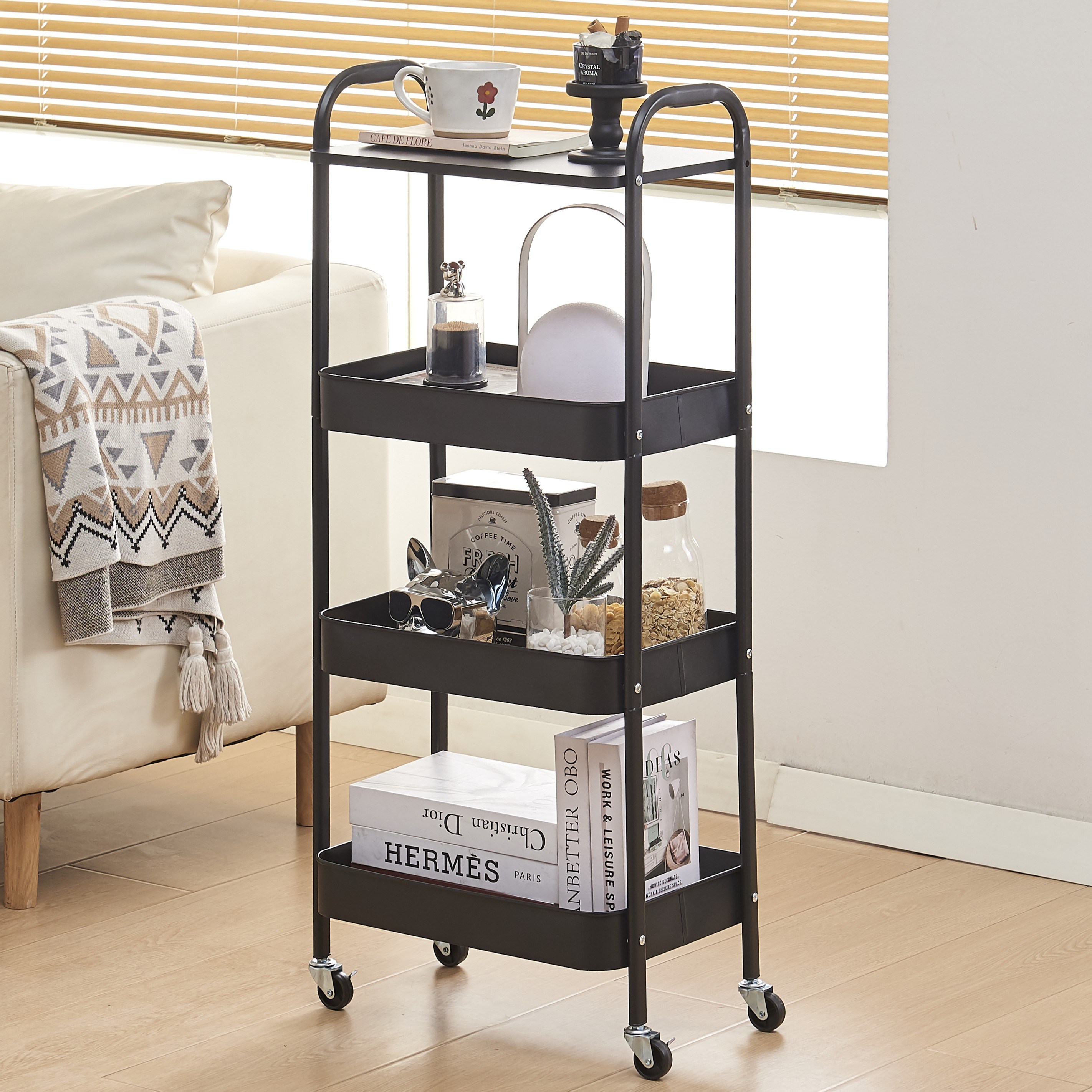 라온프리 튼튼한 철제 이동식 트롤리, 블랙, 4단 28,500원