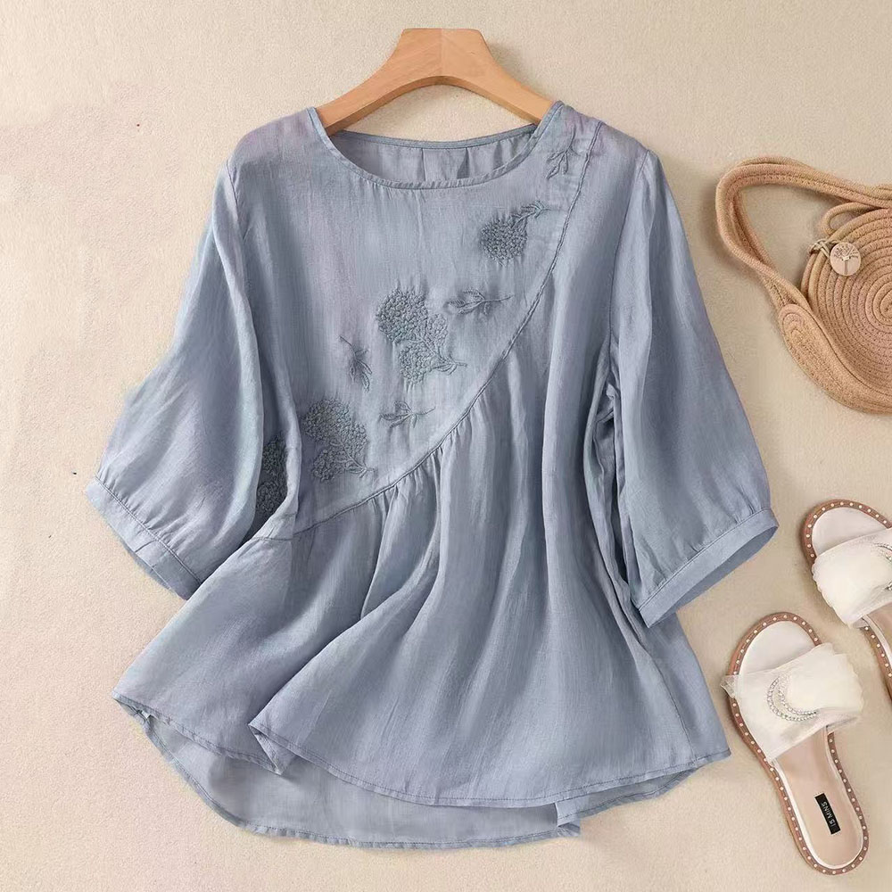 IWMAFT 여성 여름 자수 코튼 린넨 셔츠 루즈핏 데일리 상의 AH111 23,000원