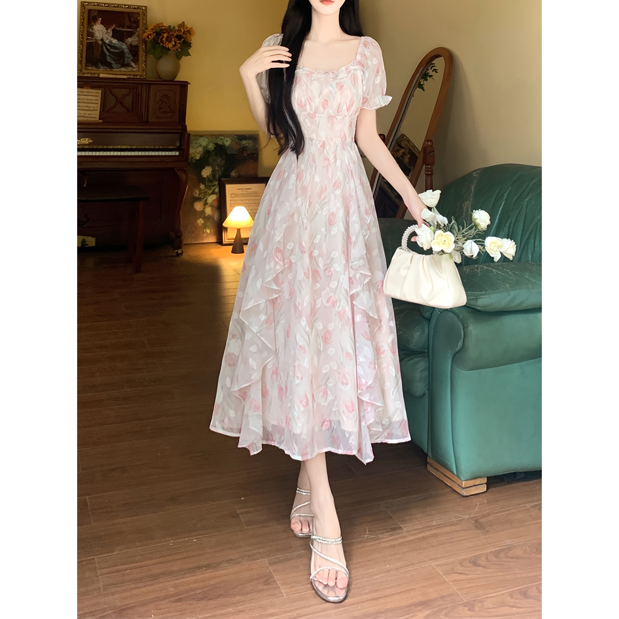 포리프 로맨틱 플로럴 하트넥 쉬폰 캉캉 청순 롱원피스 54,000원