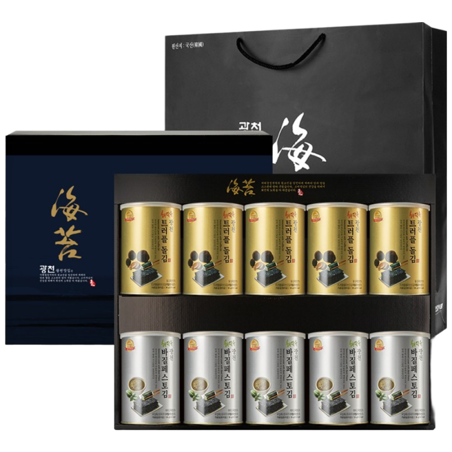 명품 해달음 광천 일품1호 트러플 돌김 바질페스토 재래김 도시락캔김 고급 답례품 쇼핑백포함 10P 선물세트 390,000원