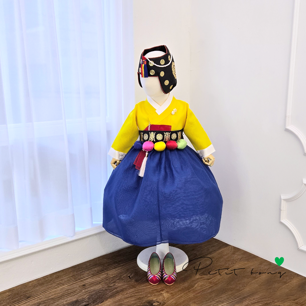 [백일 돌 세트구성] 여아한복 청아 오간자 노랑저고리 파랑치마 한복세트(10%적용)_전통금박조바위+전통문양금박오색방울돌띠 138,600원