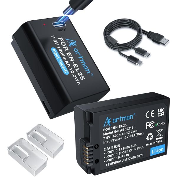아트맨 ENEL25 ENEL25A 배터리 1600mAh 2개 세트 USBC 고속 충전 케이블 호환 니콘 Z50 ii Z30 ZFC 카메라 완전 해독 4241 ENEL25a MH 125,600원