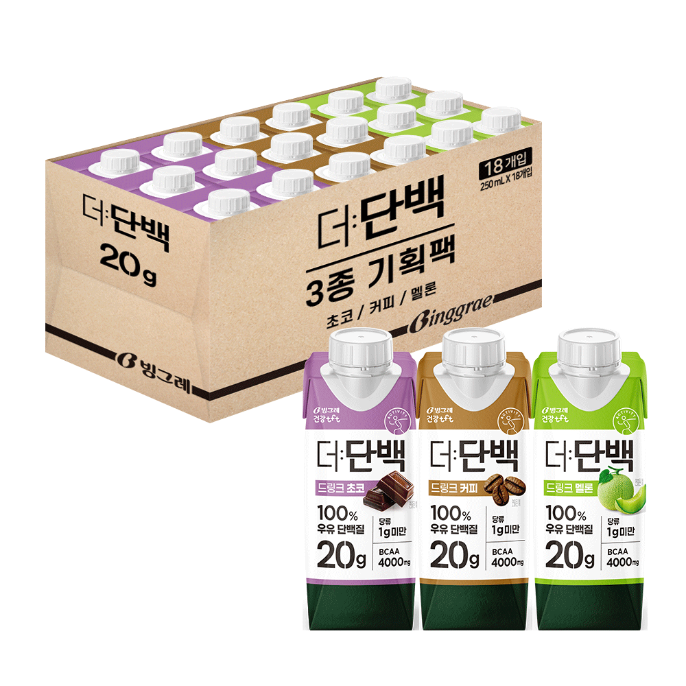 빙그레 더단백 드링크 프로틴음료 3종 혼합(초코6+커피6+멜론6) 총 18개, 250ml 25,000원