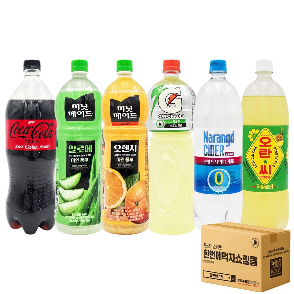 [한번에먹자] 음료수 1.5 6페트 혼합세트 코카콜라 제로 미닛메이드 알로에 오렌지주스 게토레이 나랑드사이다 오란씨 사무실 탕비실 가정용 업소용 캠핑용품 냉장고 갈증해소 탄산음료 17,990원