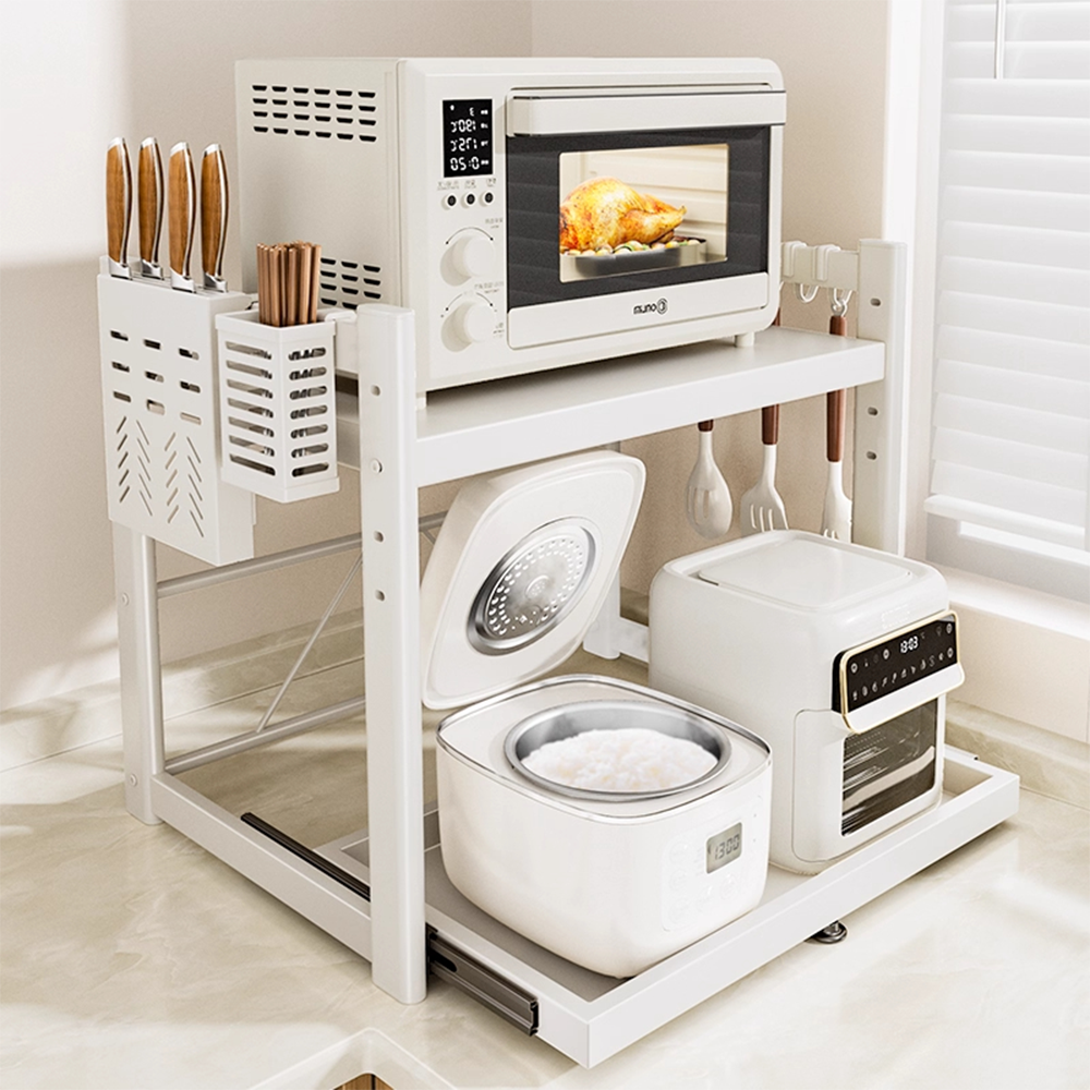 HOMEY NEST 전자레인지 슬라이딩 선반 2단 대용량 높이조절 주방수납 주방후크+젓가락통+칼거치대 증정 HN-C13, 화이트, 2단 59,500원