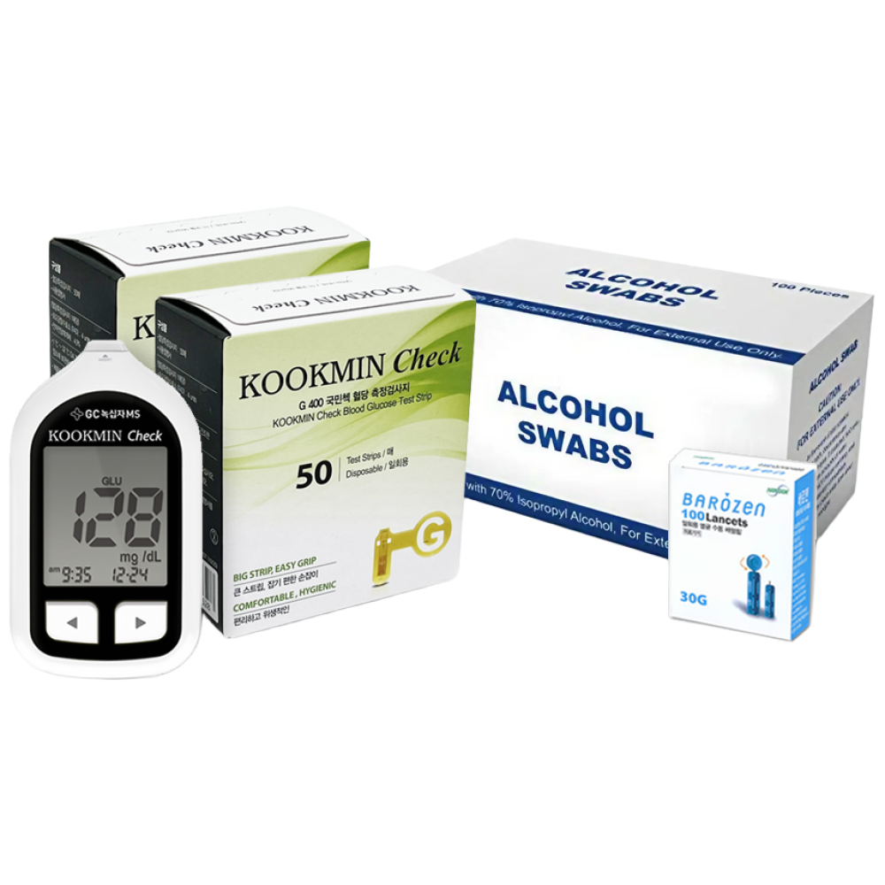 녹십자 국민첵 혈당측정기 + 혈당측정검사지 100매 + SD바이오센서 저자극성 알콜스왑 100매 + SD바이오센서 채혈침 100개 39,000원
