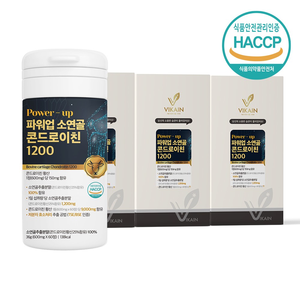 콘드로이친 1200mg 소연골 효소분해 추출물 100% 소유래 콘드로이친 분말 정 저분자 콘드로이친 식약처해썹인증, 60정, 3개 96,300원