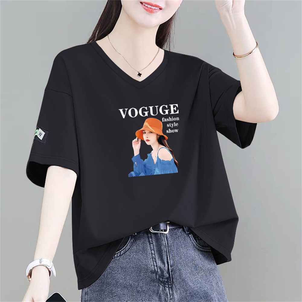 besteffie 여성용 캐주얼 반팔 티셔츠 여름 신상 면 소재 V넥 루즈핏 프린팅 티셔츠 K51 22,970원