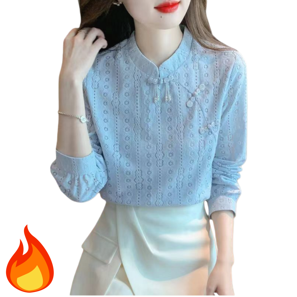 Makone 여성 겨울 스탠드칼라 이너 기모 티셔츠 원버튼 심플 레이스 블라우스 28,900원