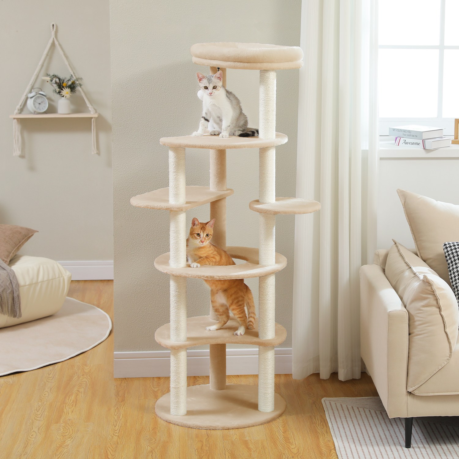 PAWZ Road  6단 모던 심플 플러시 패브릭 고양이 캣타워,스크래쳐 기둥 + 전망대 + 둥근 구멍 디자인 62,510원