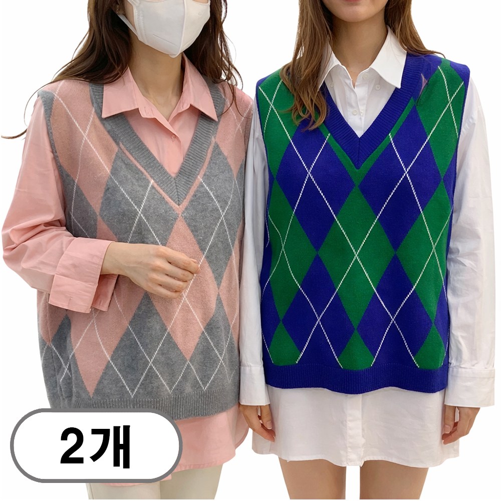 차쿠 여성 아가일 니트조끼 브이넥 레이어드 배색 체크 니트 조끼 1+1 31,800원