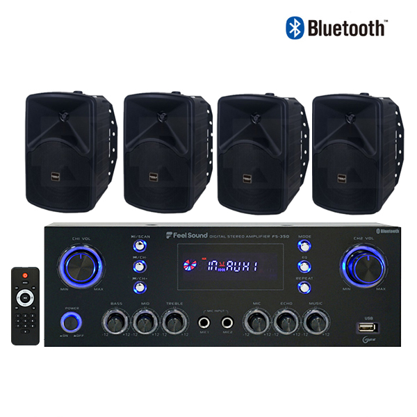 300W 디지털스테레오앰프+스피커세트 FM라디오 USB 블루투스 방송 업소 매장용 FS350TS55, 블랙, 앰프+스피커4개 390,000원