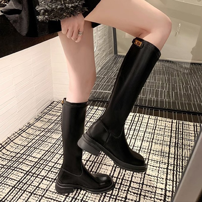 HA.M 여성 첼시 롱부츠 통굽 발편한 심플 라운드 뒤지퍼 슬림핏 베이직 가죽 롱 부츠 4.5cm 66,800원