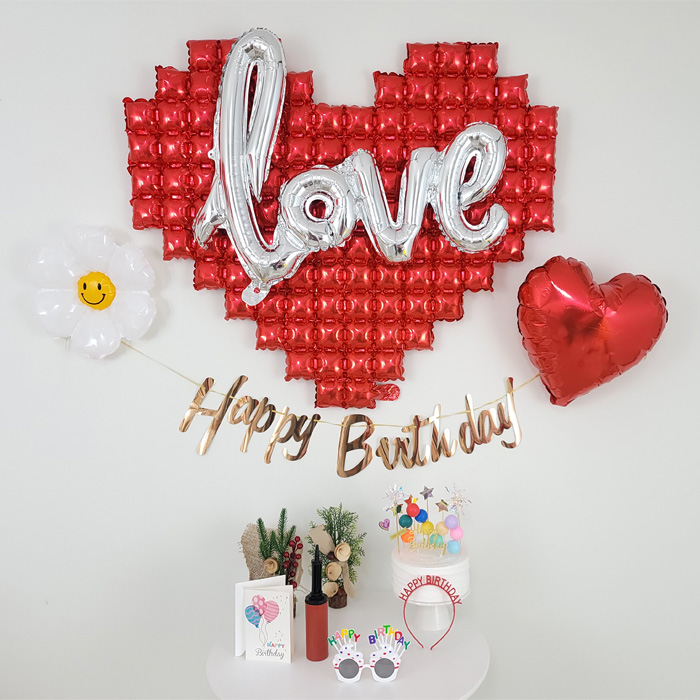 심플 러브 빅하트 데이지 하트 호일풍선 생일파티세트 공기주입기 생일안경 생일머리띠 생일카드까지, 심플 러브 빅하트 생일파티세트, 1세트 13,900원