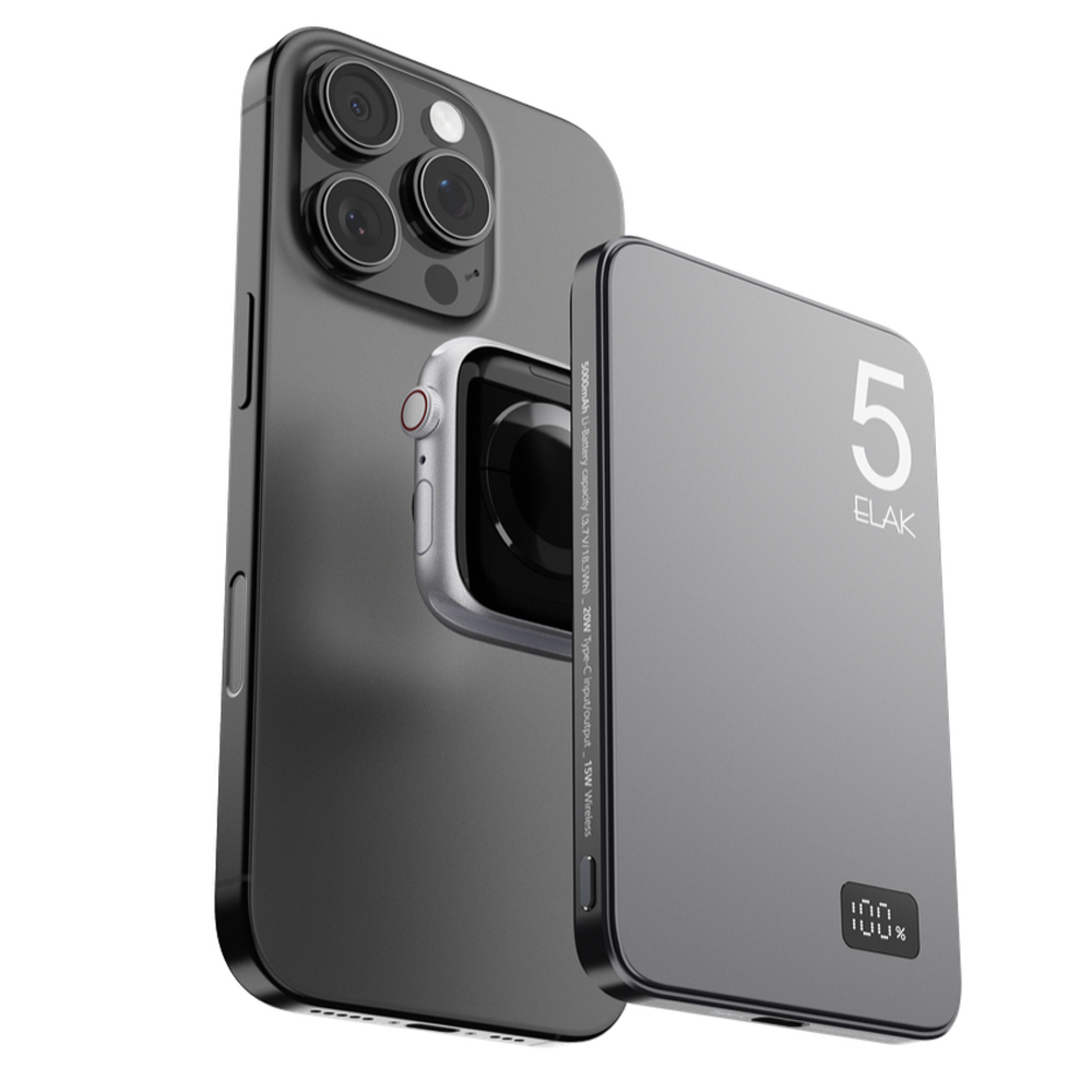 엘락 3 in 1 에어팟 애플워치 충전 초슬림 초경량 무선 맥세이프 고속 충전 보조배터리 5000mAh, DS-21, 티타늄 블랙 30,800원