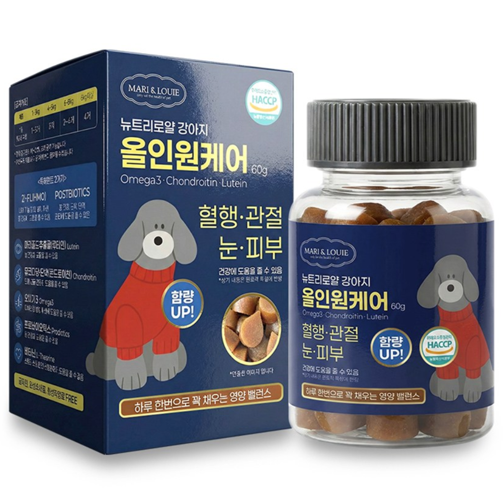 뉴트리로얄 강아지 올인원케어 강아지종합영양제 눈 관절 오메가3 유산균 장건강 면역 피부 비타민, 1개, 종합영양제, 50정 22,900원