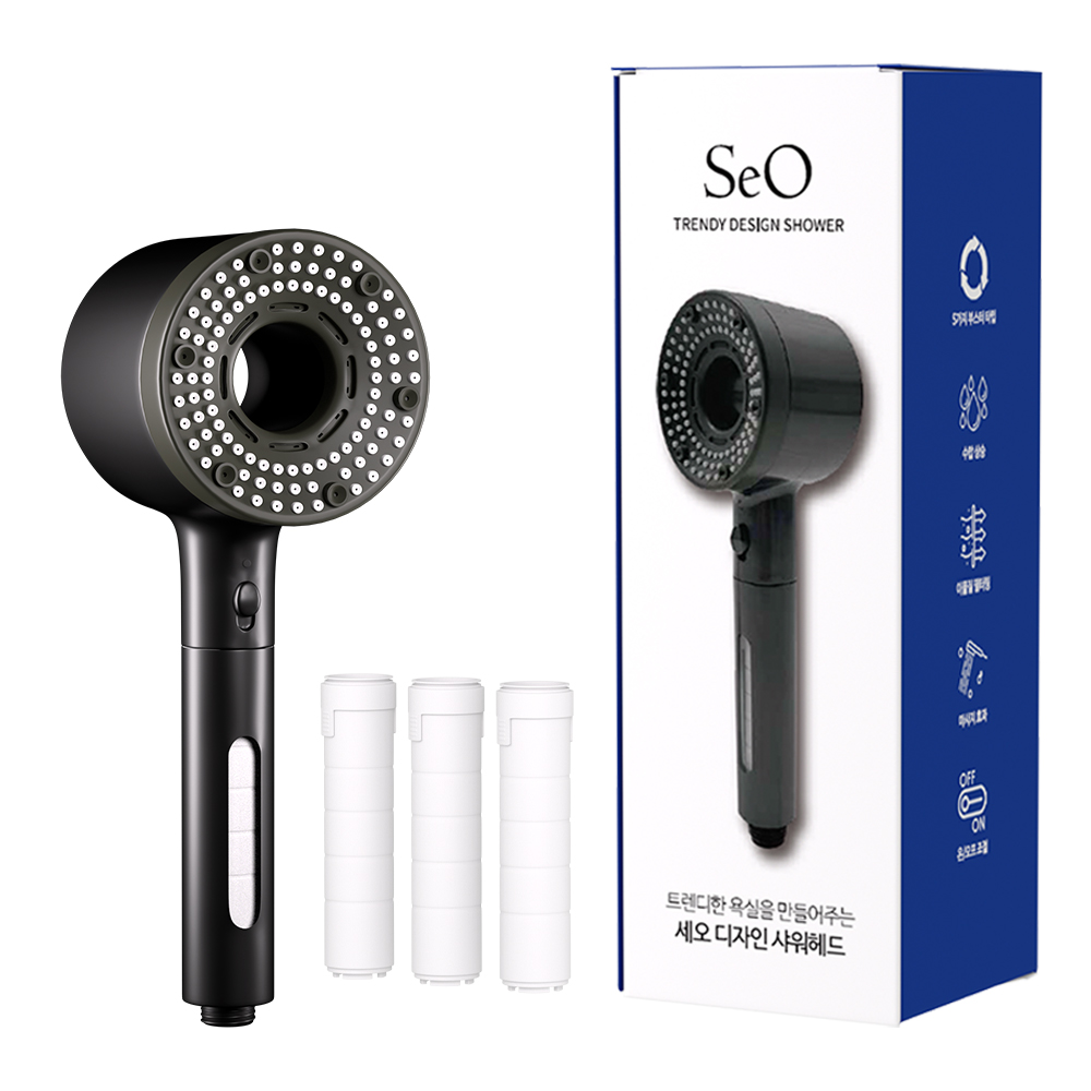 세오 폭풍수압 5단조절 디자인 필터 샤워기 헤드 본품 + 필터 4개입, 다크그레이, 1세트 21,900원