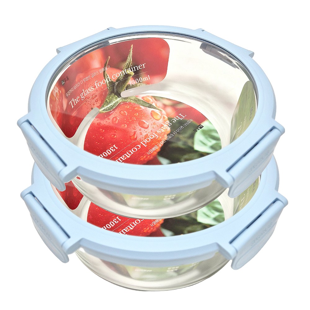 휴홈 더 투명한 바이오 글라스 유리 밀폐용기 원형 4종, 1.3L, 2개 19,600원