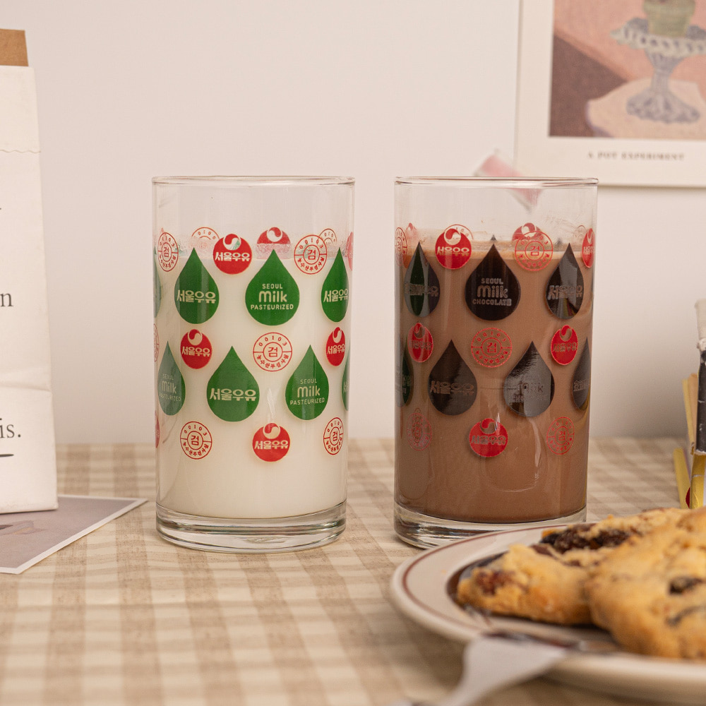 서울우유 레트로 패턴 일자 유리컵 315ml x 2종 세트, 일자 쵸코렡, 일자 레트로, 1세트 14,000원
