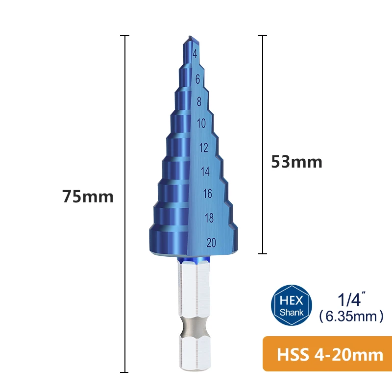스텝 드릴 비트 HSS 4-12 4-20 4-32mm 나노 블루 코팅 스텝 콘 드릴 육각 섕크 스텝 드릴 비트 목재 금속 15,100원