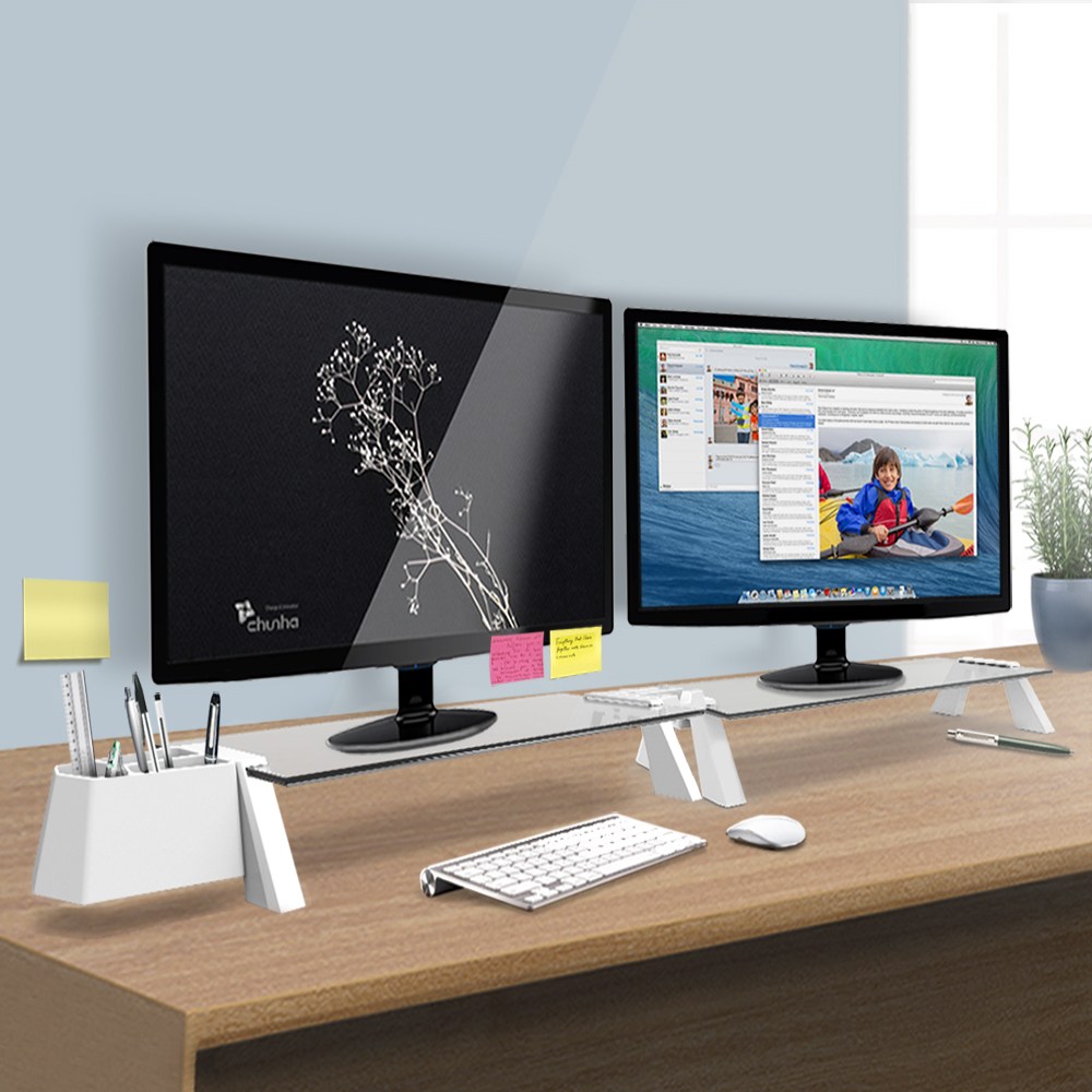 스마트독브릿지 듀얼모니터받침대[모음전], 01)화이트바디/투명유리 52,800원