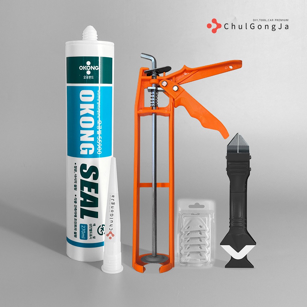 철공자 오공 무초산 실리콘  세트 무초산실리콘 + 실리콘건 + 마감헤라 + 스크래퍼 방수 창틀 걸레받이 샷시 창문 접착 샤시 창호 색상 셀프 11,000원