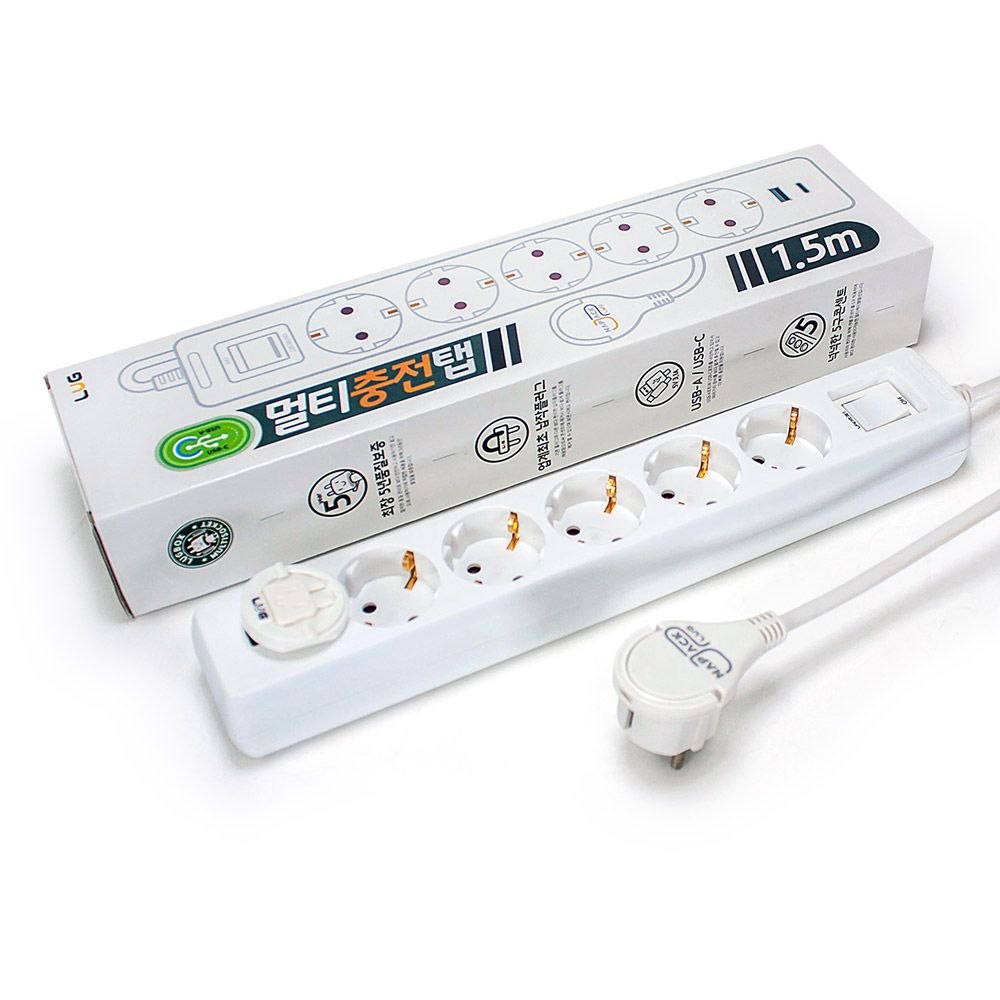 러그박스 3/5구 납작플러그 고속충전 USB C타입 고용량 3680W 멀티탭 1.5M/ 3M, 1개, 5구 화이트, 1.5m 24,500원