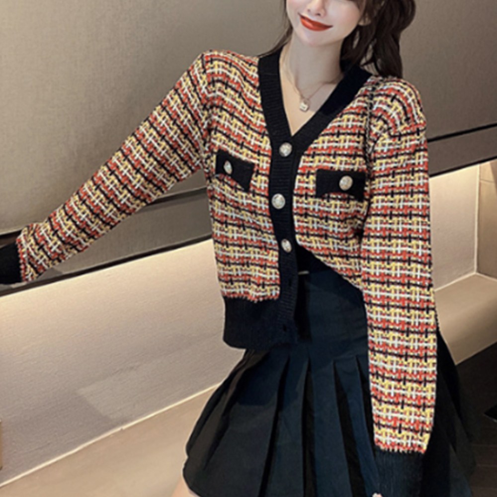 화인홈 여성 체크 크롭 가디건 초가 스타일 대비 색상 니트 카디건 탑 여성용 긴팔 서양식 격자 가디건 트위드 니트 숏 꾸안꾸 러블리 자켓 일상룩 45,000원
