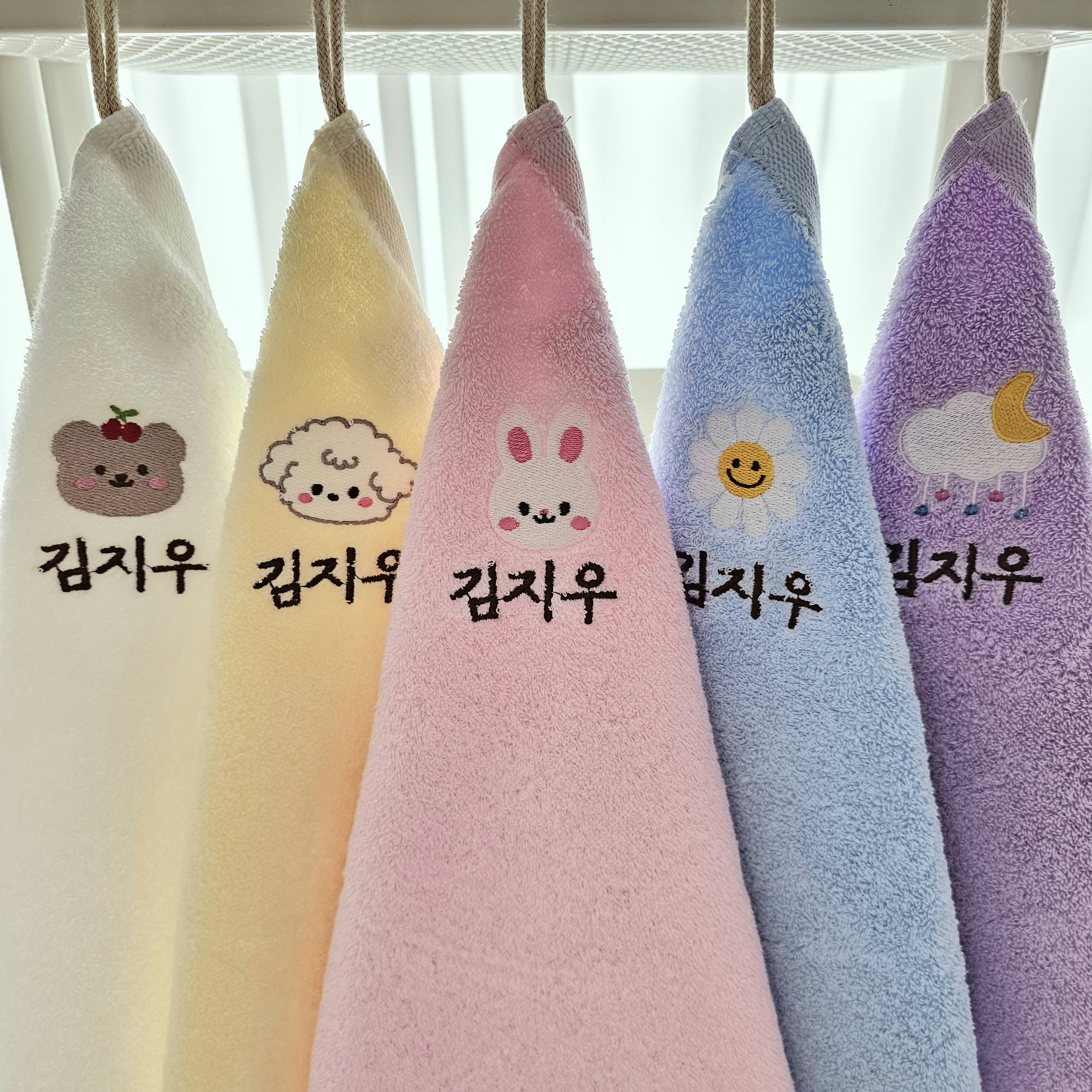 쁘띠맘 파스텔핸드타올(5장) 어린이집수건 40수 코마사 이름자수 고리수건 네임수건 타올 수건 유치원수건, 5개, 동물세트 28,500원