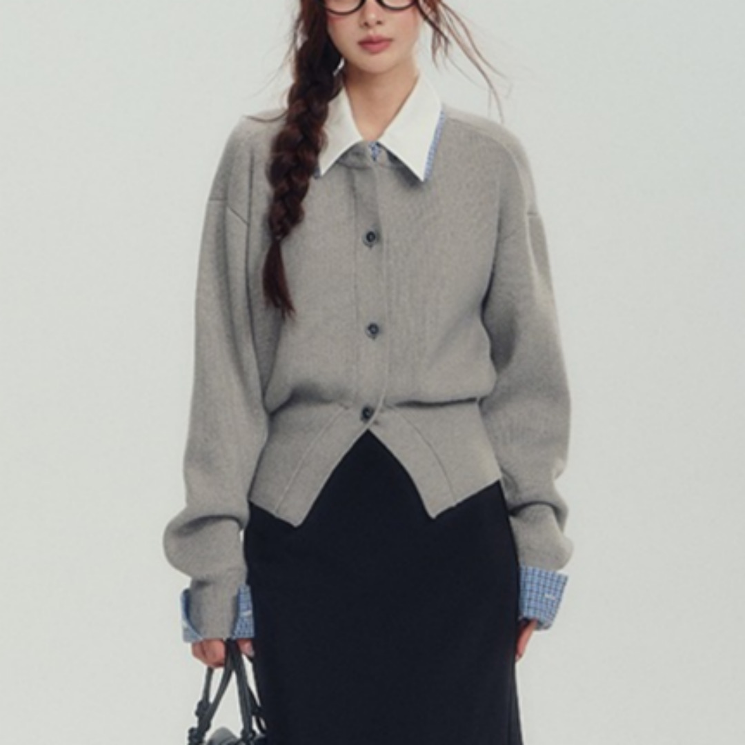 하루핏HARUFIT 페이크 셔츠 니트 가디건, 그레이 18,900원