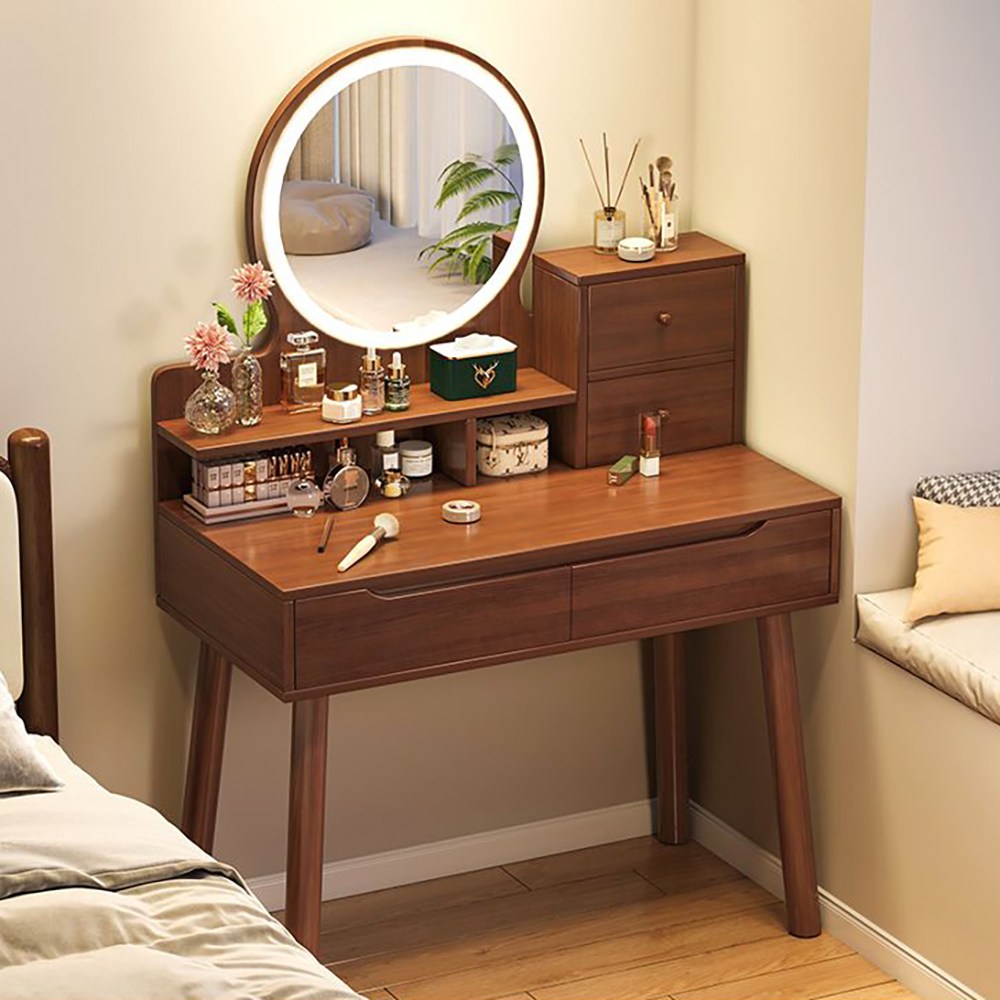 LED 수납 화장대서랍장 원룸 침실 화장대 세트 심플 고급 미니 화장대, 진한 갈색(2개의 서랍+LED 조명) 111,000원