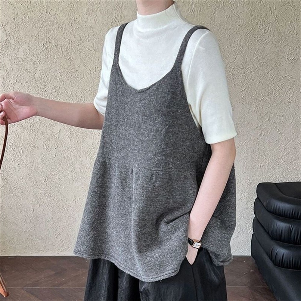 Vezri 여성 봄 가을 레이어드 니트 조끼 긴팔 블라우스 캐주얼 루즈핏 상의 25,490원