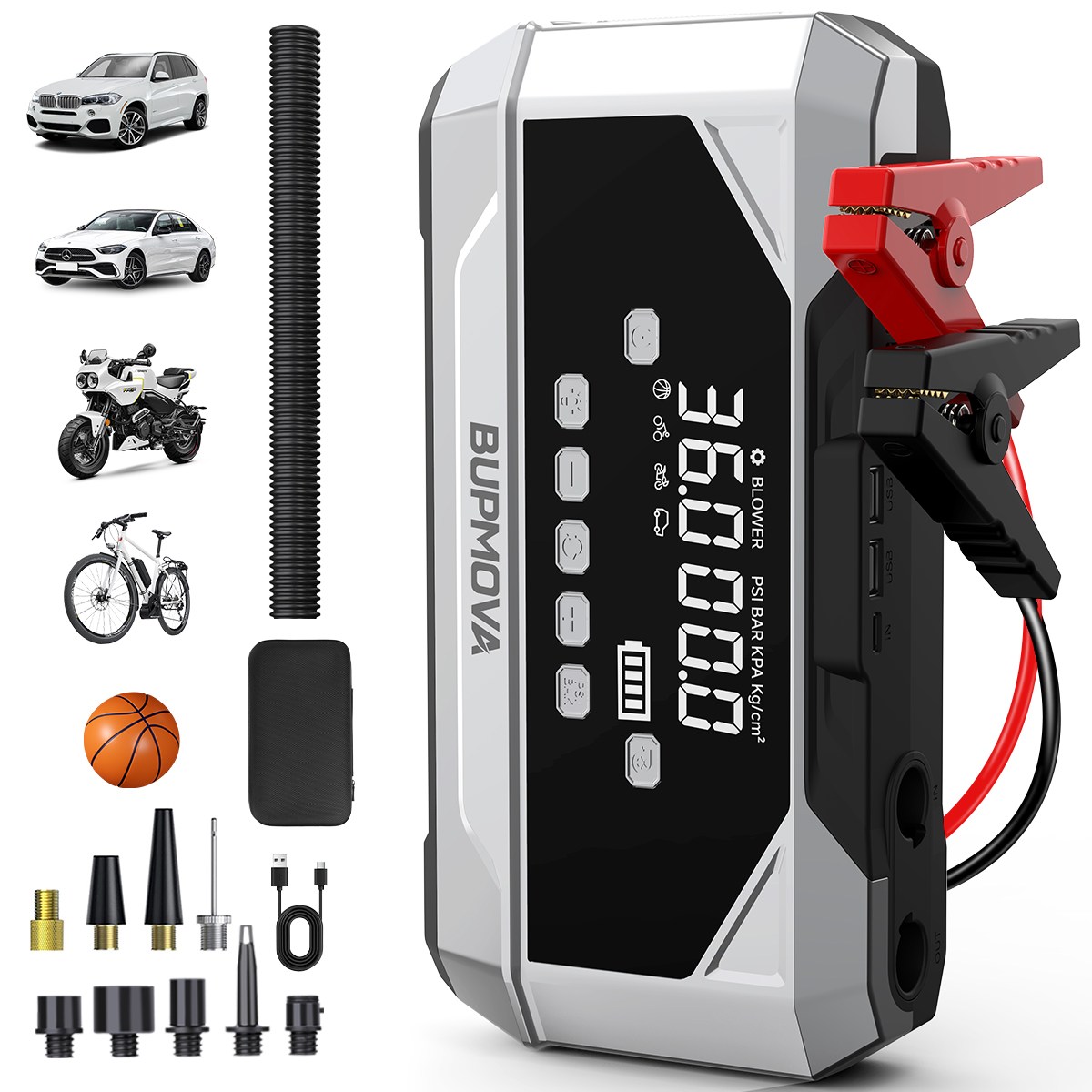 BUPMOVA 3000A 점프스타터 6in1 에어펌프 송풍기 진공압축기 보조배터리 손전등 단방향입력 45W 12V차종 호환가능, 1개, 8000mAh 83,900원