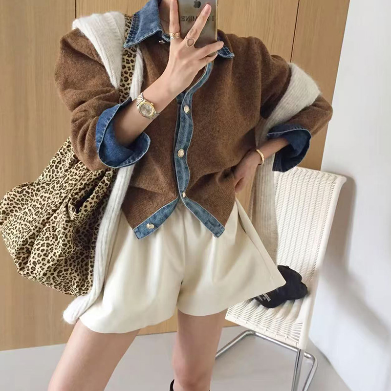 KDNC 여성 루즈핏 두툼한 니트 상의 데님 카라 포인트 31,800원