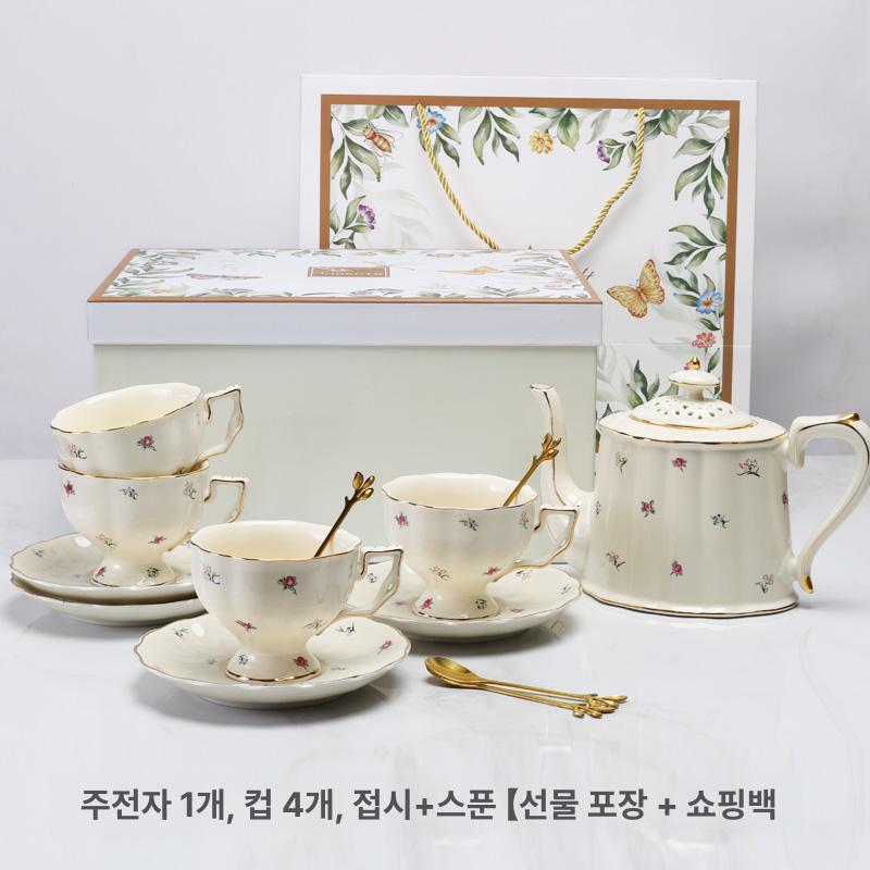 프렌치 빈티지 세라믹 커피잔 커피컵 세트 유럽풍 티타임 선물용, 대형 입구 플라워 패턴 주전자 1개 컵 4개, 1개 117,200원