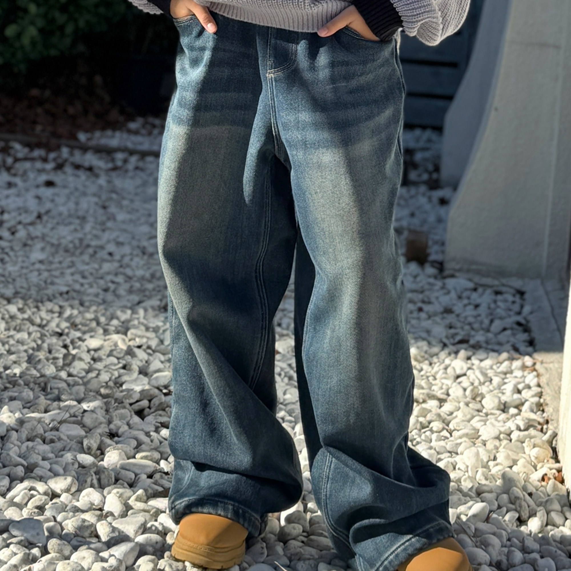 티미유 주니어 공용 헤비본딩 와이드 밴딩 데님팬츠 49,900원