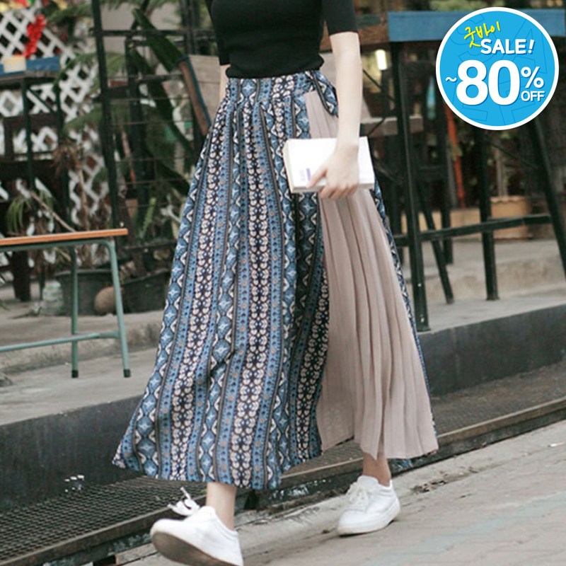 퀸앤조이 에스닉 옆리본 플리츠 쉬폰 롱스커트 25,800원