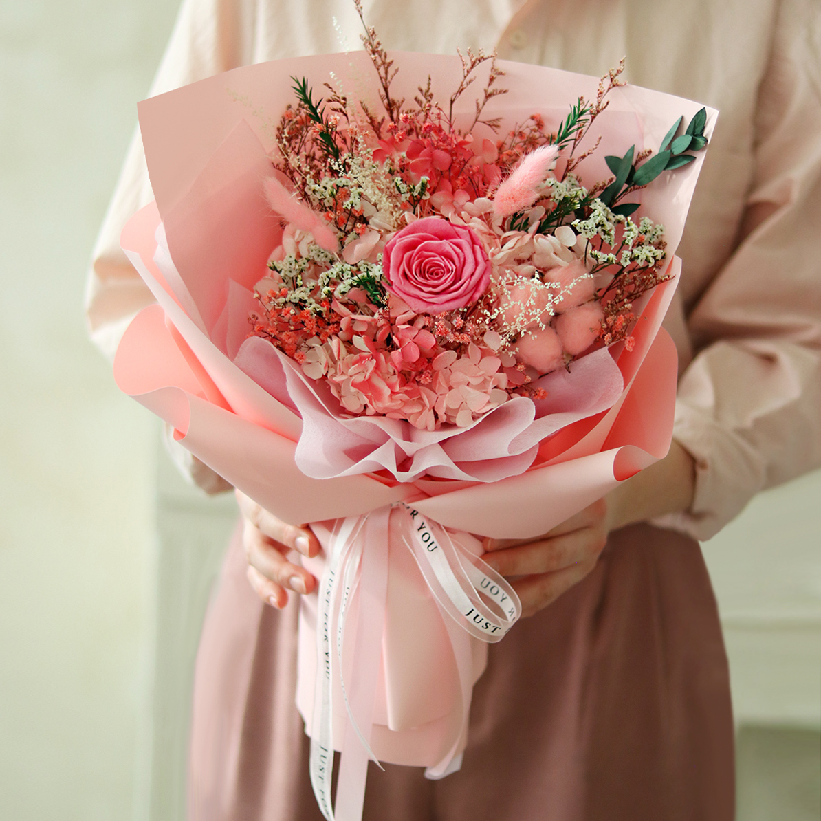 센트바스켓 생화 프리저브드 꽃다발 L + 쇼핑백 + 카드 세트, 베리핑크, 현재가 26,400원