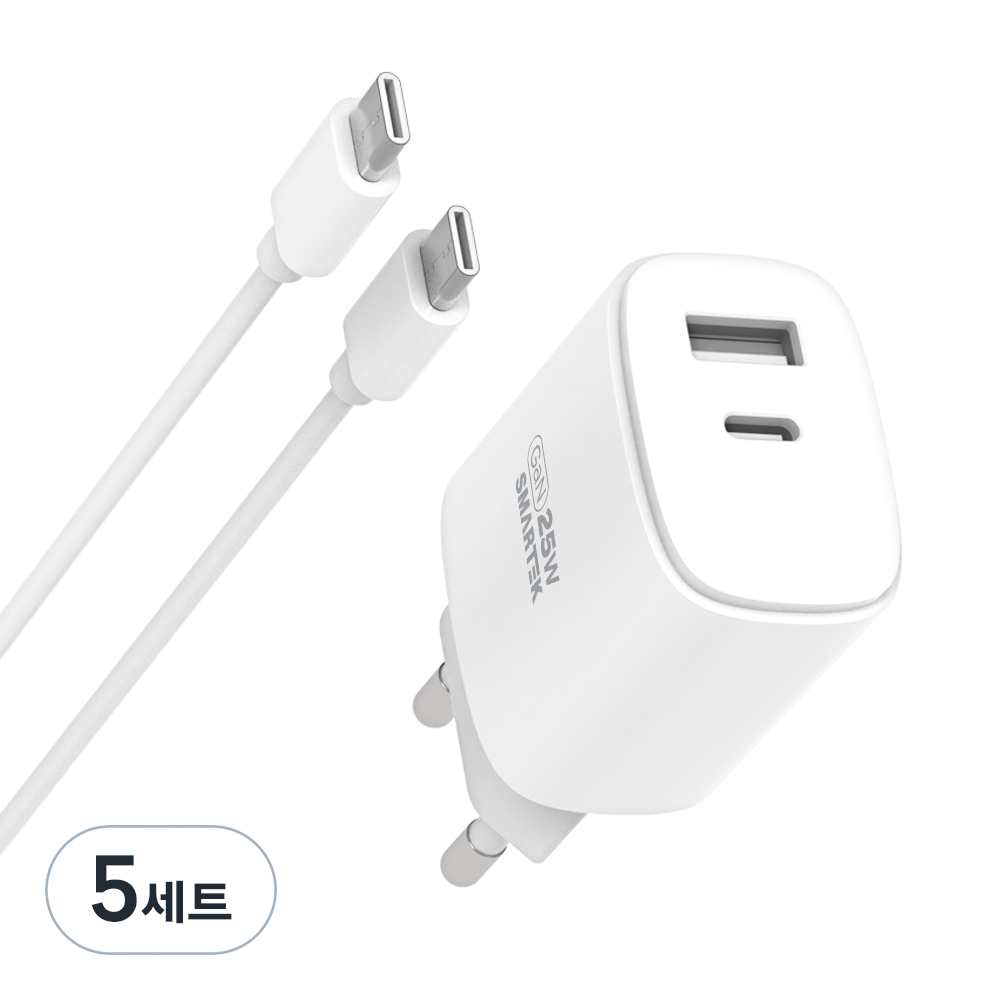 스마텍 GAN PD 25W 고속충전 2포트 충전기 + C타입 케이블 세트 STQC-GD25 CT, 화이트, 5세트 27,850원