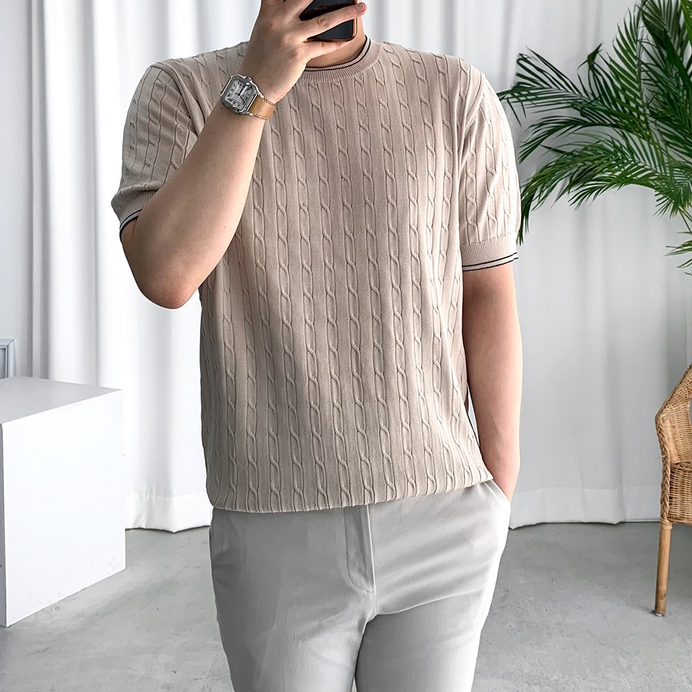 룩플레인 비스코스 케이블 배색 여름 반팔 니트 29,800원