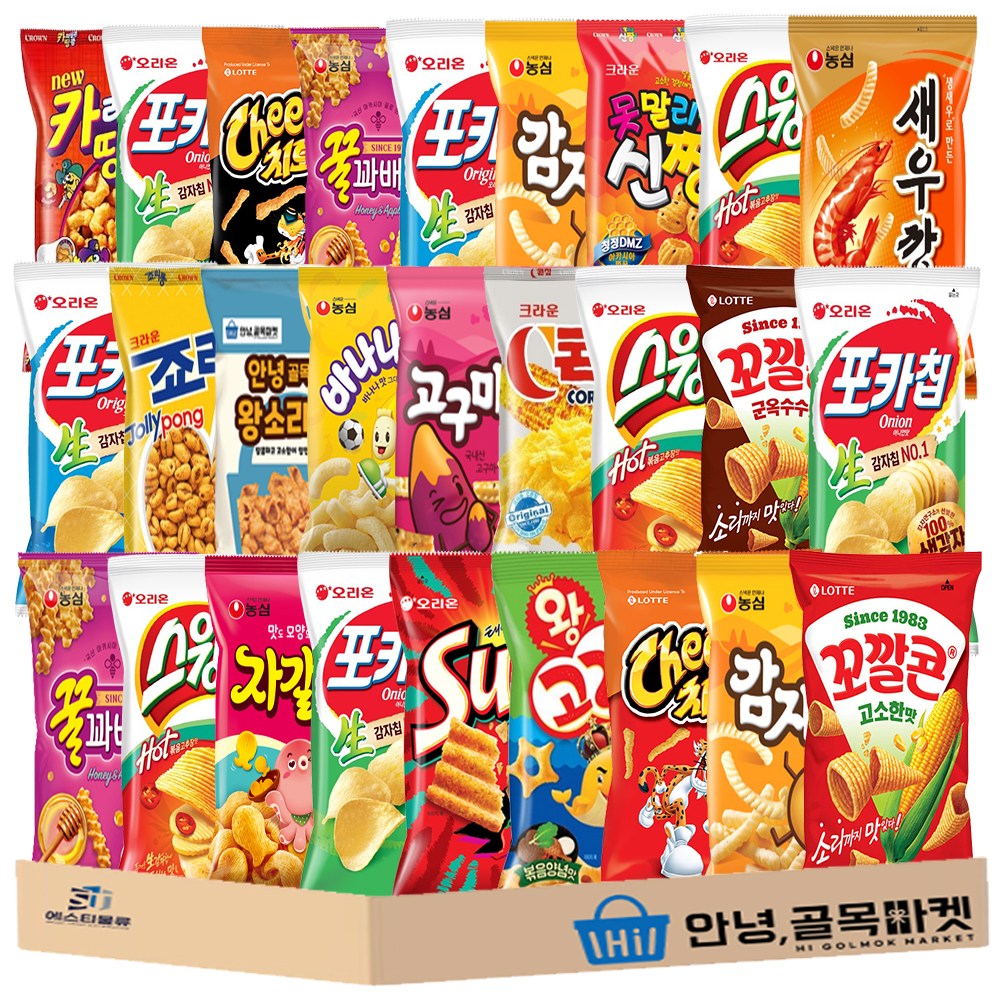봉지 과자 27종 혼합 세트 ( 오리온 고래밥 꼬북칩 포카칩 스윙칩 썬칩 농심 감자깡 새우깡 고구마깡 바나나킥 꿀꽈배기 롯데 꼬깔콘 치토스 크라운 콘칲 신짱 소라 ) 감자 스낵 1, 27개, 봉지과자 26,980원
