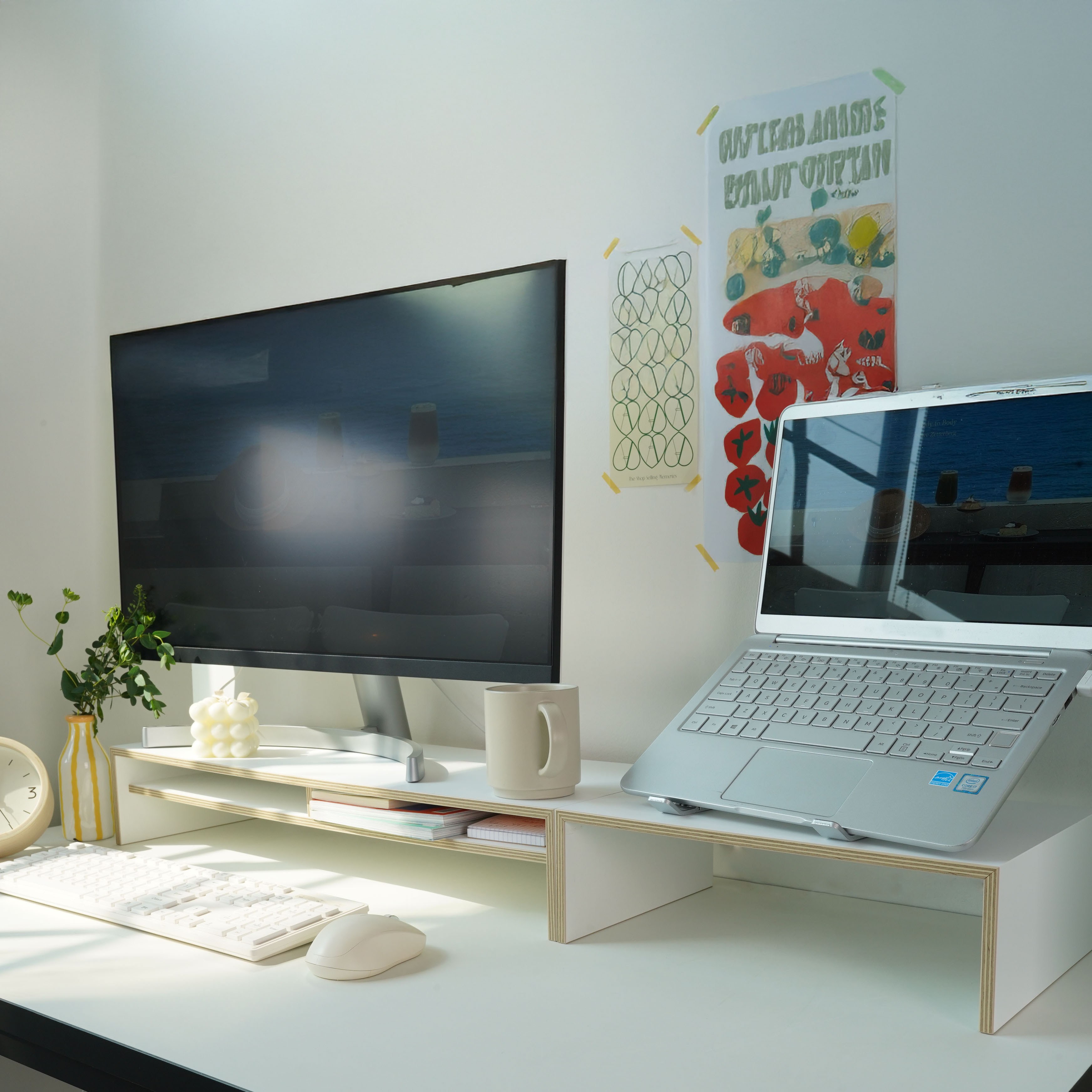 씨우드 국내제작 듀얼 2단 모니터 받침대 서랍 컴퓨터 노트북 선반, 화이트 44,800원