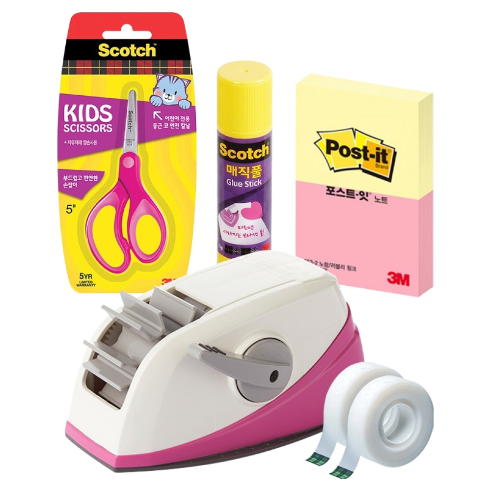 쓰리엠 저학년 핑크 원터치 디스펜서 + 어린이 양손가위 + 매직풀 15g + 포스트잇 653 세트 25,900원