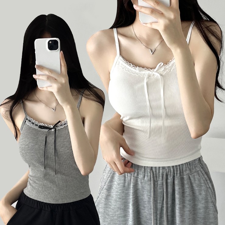 어나더뷰 [1+1/캡내장] 뮤뮤 레이스 캡나시 민소매 리본 발레코어 크롭 나시 레이어드 no.1990 18,400원