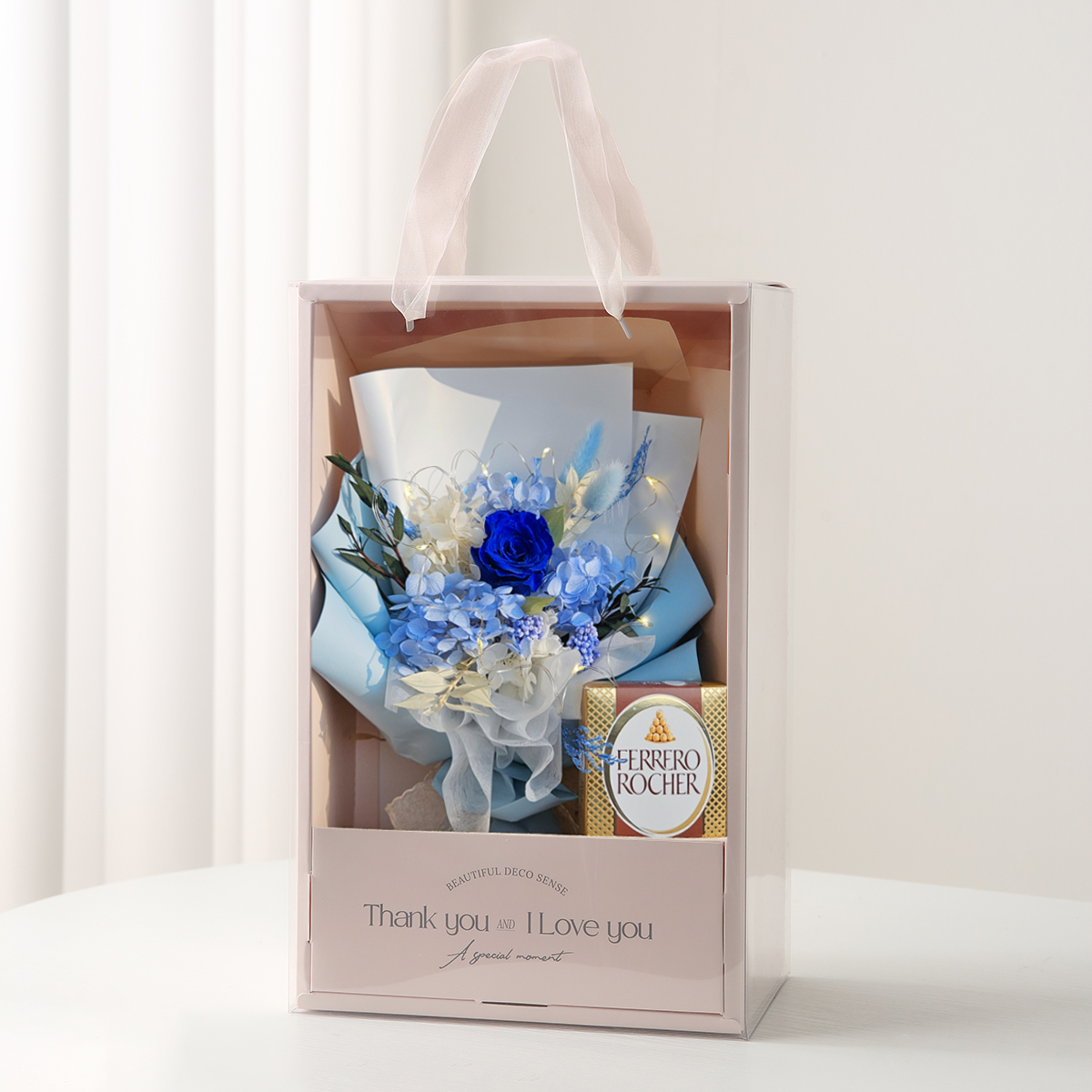 뷰티풀데코센스 페레로로쉐 밀크 초콜릿 + 프리저브드 LED 꽃다발 + 케이스 세트, Blue 29,000원